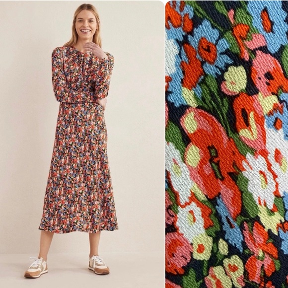 Boden Dresses & Skirts - Boden Crew Neck Midi Floral Tea Dress Multicolor Long Sleeve Size 6